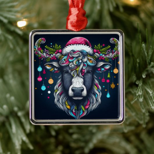 Ornement Carré Argenté Vache festive (Arbre)