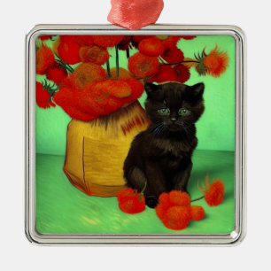 Ornement Carré Argenté Van Gogh Black Kitten Fleurs rouges