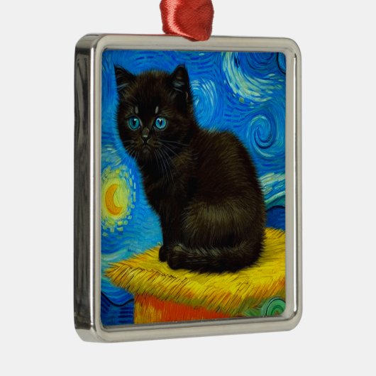 Ornement Carré Argenté Van Gogh Style Starry Night Cat (Droite)