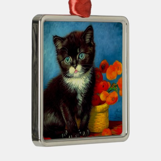 Ornement Carré Argenté Van Gogh Tuxedo Cat (Droite)