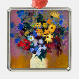 Ornement Carré Argenté Vase blanc avec fleurs Odilon Redon