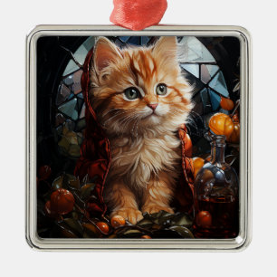 ORNEMENT CARRÉ ARGENTÉ VERRE STAINÉ NOËL ORANGE TABBY CUISINE