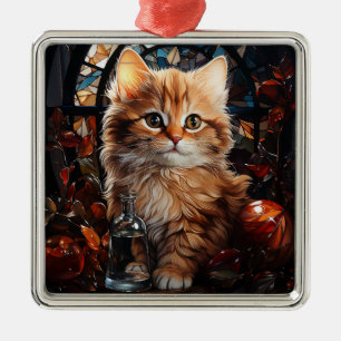 ORNEMENT CARRÉ ARGENTÉ VERRE STAINÉ NOËL ORANGE TABBY CUISINE