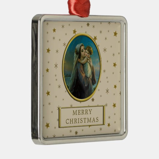 Ornement Carré Argenté Vierge Marie et Bébé Jésus à Noël étoilé (Droite)