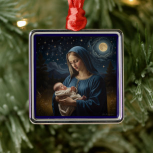 Ornement Carré Argenté Vierge Marie et Jésus Starry Night Noël