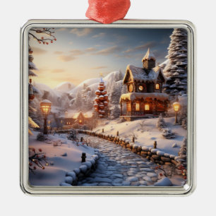 Ornement Carré Argenté Village cosy à Noël illustration