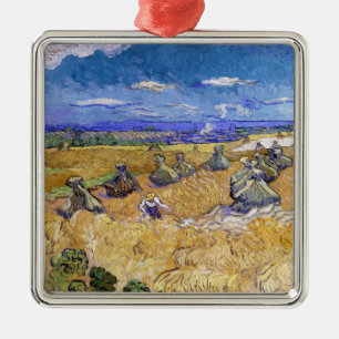 Ornement Carré Argenté Vincent van Gogh - Meules de blé avec des moissonn