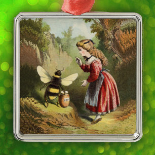Ornement Carré Argenté Vintage Bee Little Girl Honey Pot