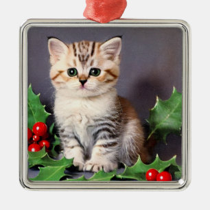 Ornement Carré Argenté Vintage Christmas Kitten et Holly