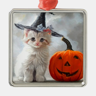 Ornement Carré Argenté Vintage Halloween White Kitten et Jack-o' lantern