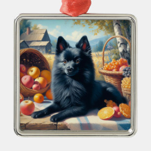 Ornement Carré Argenté Vintage Schipperke Peinture de chiot