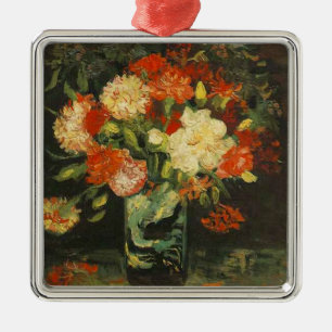 Ornement Carré Argenté Vintage Van Gogh Fleurs Vase rouge avec oeillets