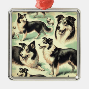 Ornement Carré Argenté Vintage Welsh Sheepdog Seamless