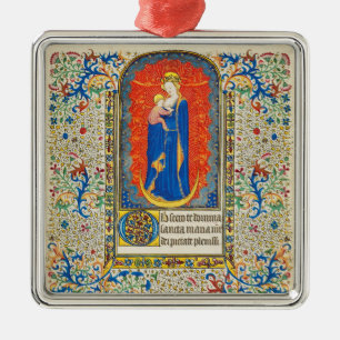 Ornement Carré Argenté VIRGIN AVEC ENFANT ET ANGELS Antique Fleurs