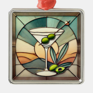 Ornement Carré Argenté Vitraux de style milieu de siècle 2 Olive Martini