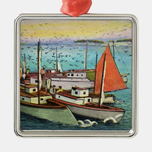 Ornement Carré Argenté Vue des mouettes et des bateaux au quai (Devant)