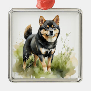 ORNEMENT CARRÉ ARGENTÉ WATERCOLOR NOIR ET TAN SHIBA INU CHIEN