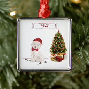 Ornement Carré Argenté Westie drôle de Noël avec arbre