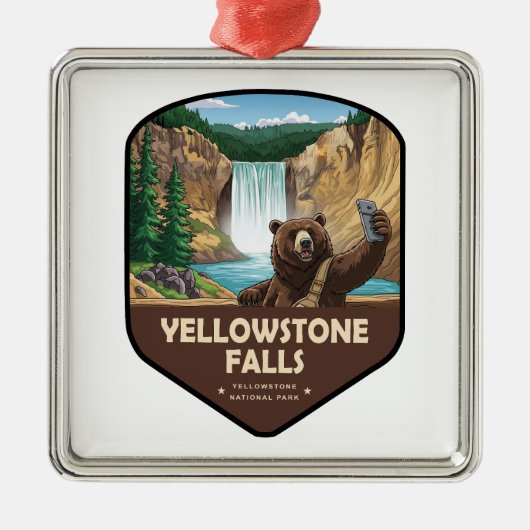 Ornement Carré Argenté Yellowstone Falls Bear Selfie Shield (Devant)