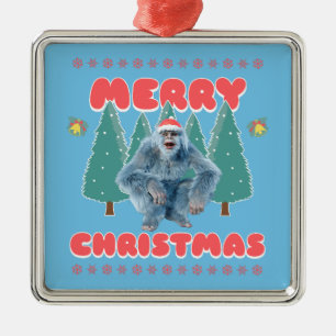 Ornement Carré Argenté Yeti Drôle - Joyeux Noël