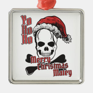 Ornement Carré Argenté Yo Ho Ho Père Noël Jolly roger pirate