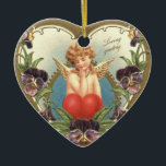 Ornement Cœur En Céramique AMOUR CUPIDE AU COEUR ET PANSIES Saint-Valentin<br><div class="desc">Coeur vintage élégant avec fleurs et cupide pour la Saint Valentin.</div>