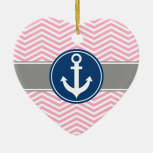 Ornement Cœur En Céramique Ancre nautique rose Chevron