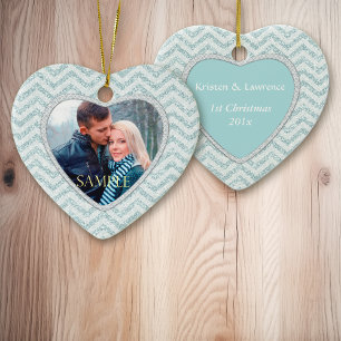 Ornement Cœur En Céramique Aqua Chevron Icy Sparkle Modèle