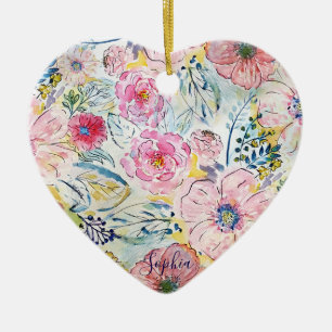 Ornement Cœur En Céramique Aquarelle peinture à la main design floral