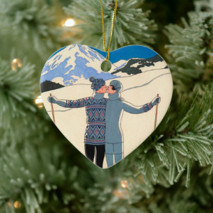 Ornement Cœur En Céramique Art Déco vintage, Amants en Neige par George Barbi