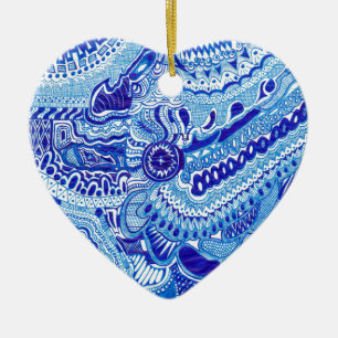 Ornement Cœur En Céramique Art motif de style Royal Blue et White Ming