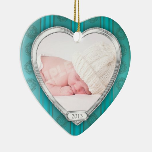 Ornement Cœur En Céramique Baby First Christmas Aqua Silver Photo Noël (Droite)