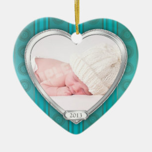 Ornement Cœur En Céramique Baby First Christmas Aqua Silver Photo Noël