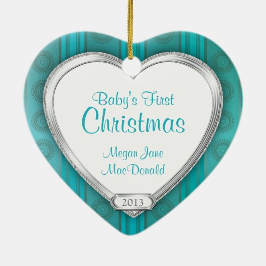 Ornement Cœur En Céramique Baby First Christmas Aqua Silver Photo Noël (Dos)