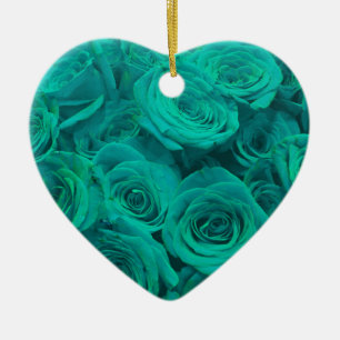 Ornement Cœur En Céramique Belles fleurs turquoises roses turquoises