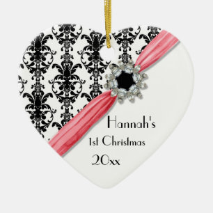 Ornement Cœur En Céramique Bijou vintage Boucle noir blanc Damas ruban