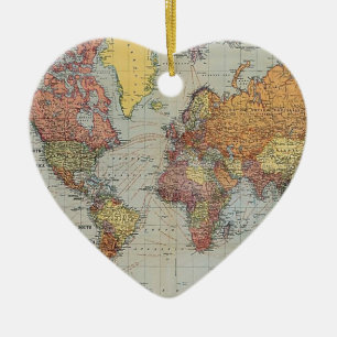 Ornement Cœur En Céramique Carte générale vintage du monde