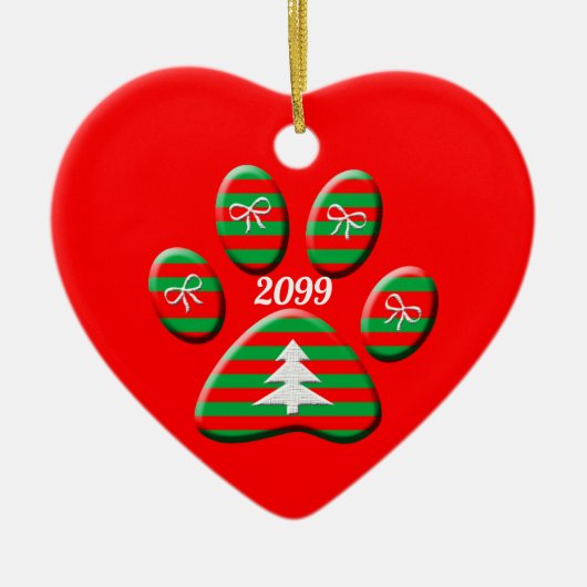 Ornement Cœur En Céramique Chat à mâchoires rouge et vert (Devant)