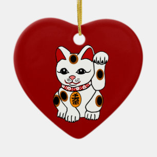 Ornement Cœur En Céramique Chat de Maneki Neko sur l'arrière - plan rouge