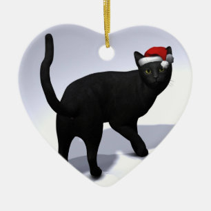 Ornement Cœur En Céramique Chat noir avec Casquette Père Noël