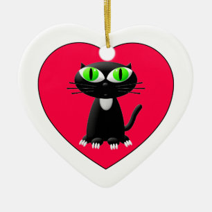 Ornement Cœur En Céramique Chat noir dans le coeur rouge