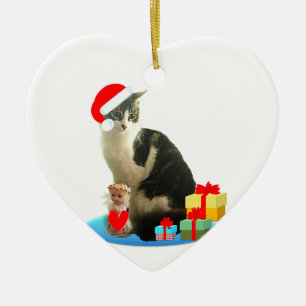 Ornement Cœur En Céramique chat tigré de Noël et joli petit ange