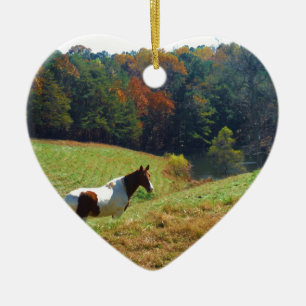 Ornement Cœur En Céramique Cheval blanc et Brown, étang d'automne