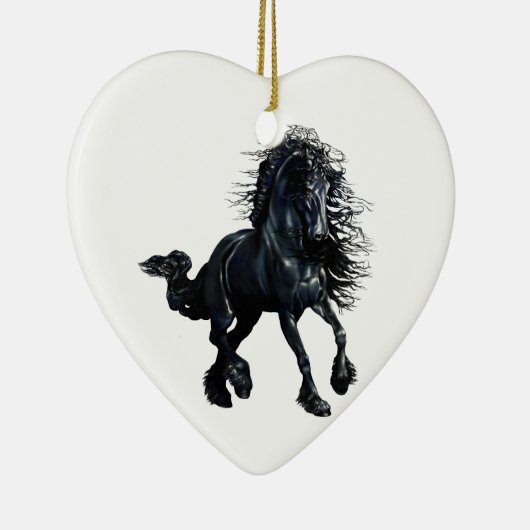 Ornement Cœur En Céramique Cheval friésien, beauté de l'étalon noir (Droite)