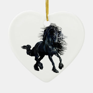 Ornement Cœur En Céramique Cheval frison, beauté noire d'étalon