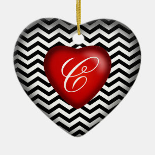 Ornement Cœur En Céramique Chevron Coeur Monogram noir blanc