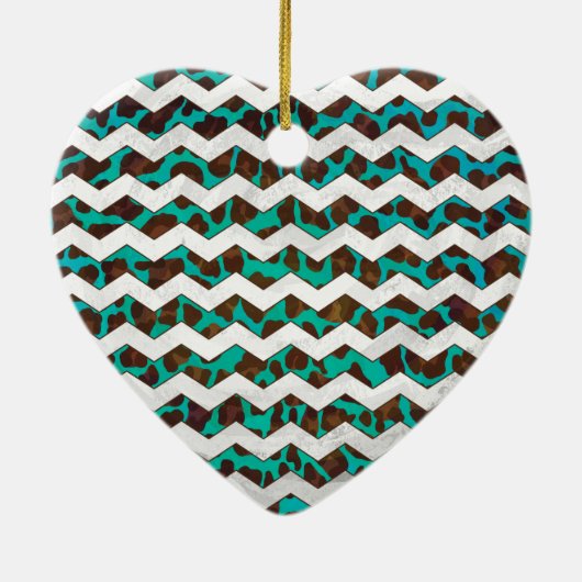 Ornement Cœur En Céramique Chevron Leopard Impression Brown et Turquoise (Dos)