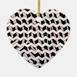 Ornement Cœur En Céramique Chevron noir et rose Zebra