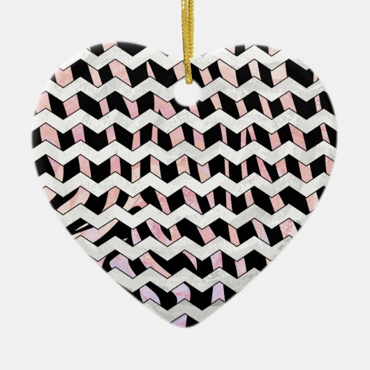 Ornement Cœur En Céramique Chevron noir et rose Zebra (Devant)