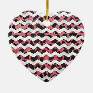 Ornement Cœur En Céramique Chevron Vache rose et noir